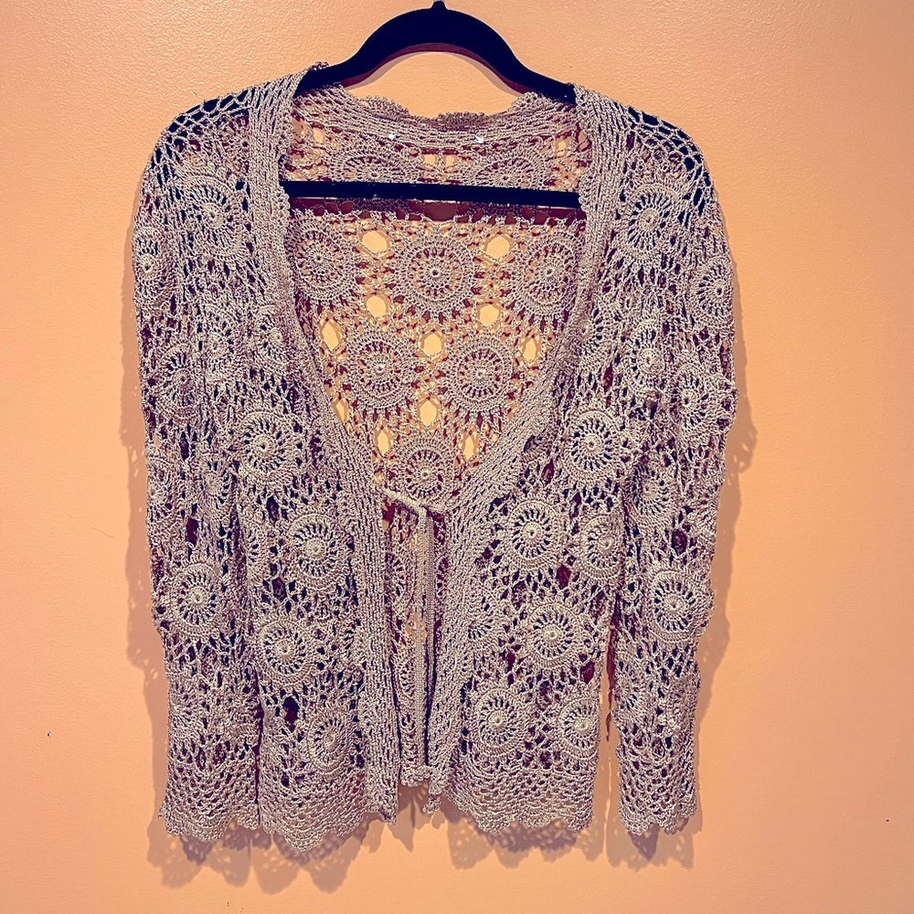 Crochet Tie Front Tan Color Women’s Cardigan Size M